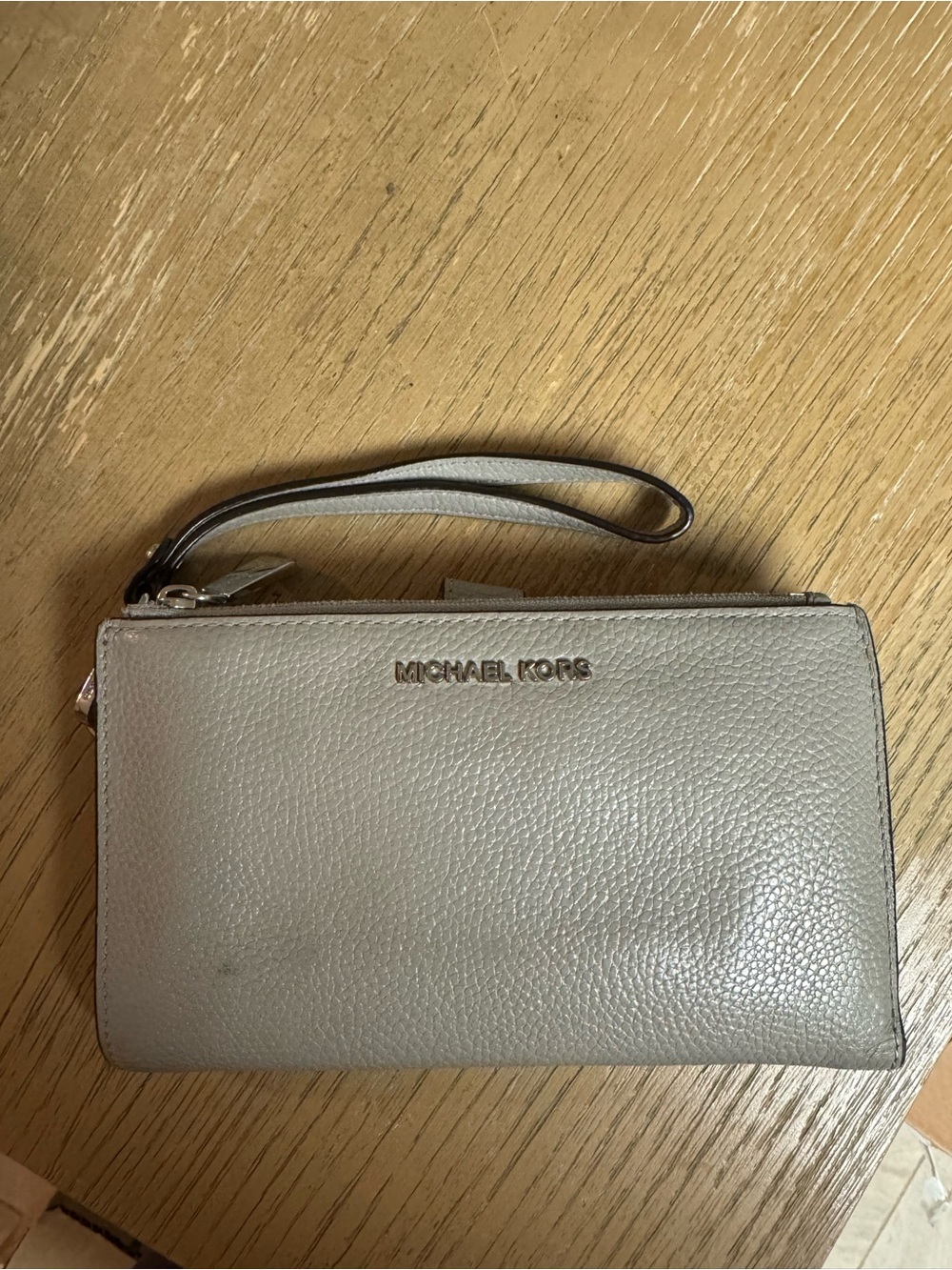 Michael Kors Gray Pebbled Leather Wristlet with Gold Logo